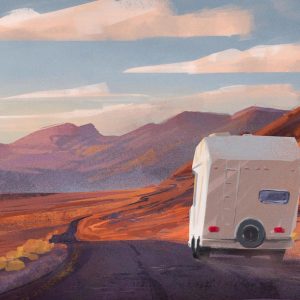 American mountains with camper digital sketch by Jakub Cichecki