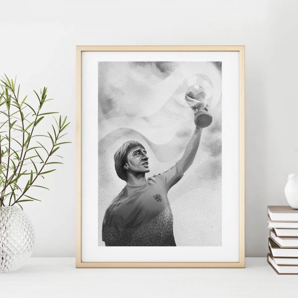 Cruyff holding world cup small illustration print in frame by Jakub Cichecki