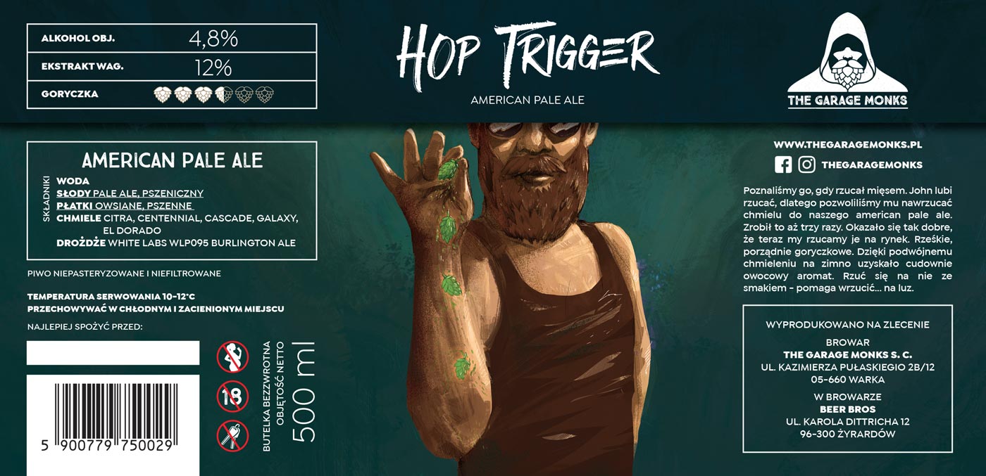 Hop Trigger – beer label design illustration for The Garage Monks brewery by Jakub Cichecki