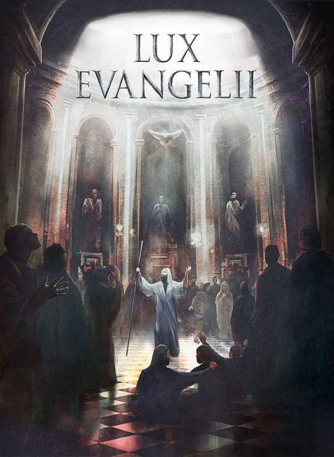 Cover illustration of Lux Evangelii board game representing apostole in temple between crowd listening to him and light beams over his head