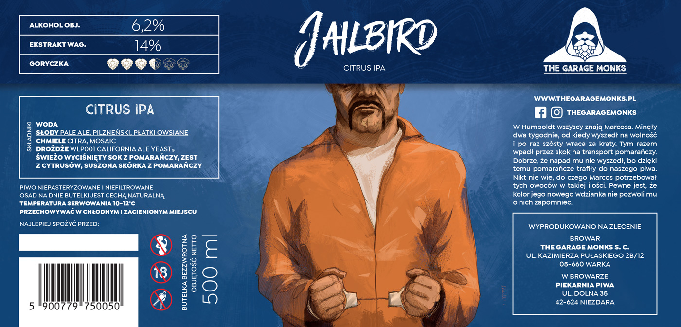 Jailbird – beer label design illustration for The Garage Monks brewery by Jakub Cichecki