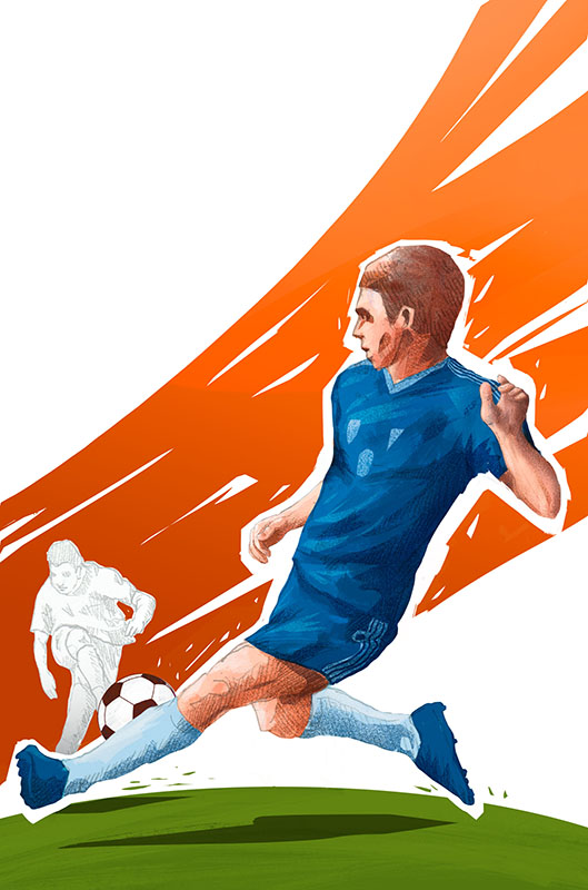 "Mundial" board game colorful illustration with football player tackling by Jakub Cichecki