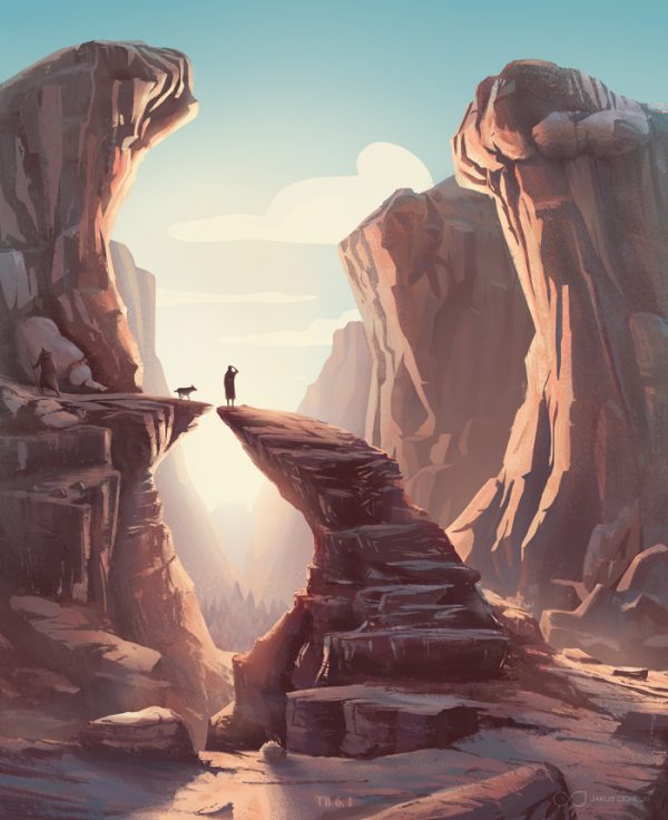 Tobias in canyon - illustration for the Book of Tobit from the Bible by Jakub Cichecki