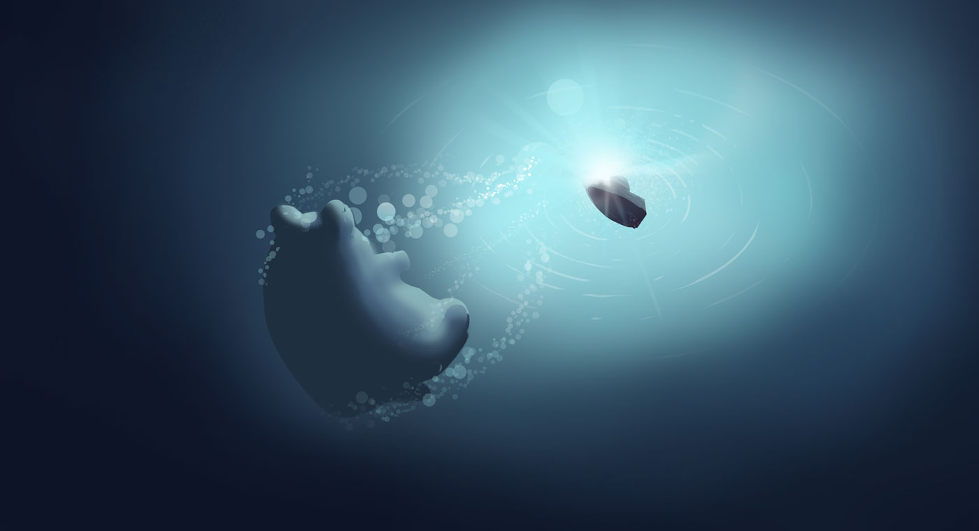 Underwater background illustration showing penguin diving to help bear with strong light for Pigeon Studio by Jakub Cichecki