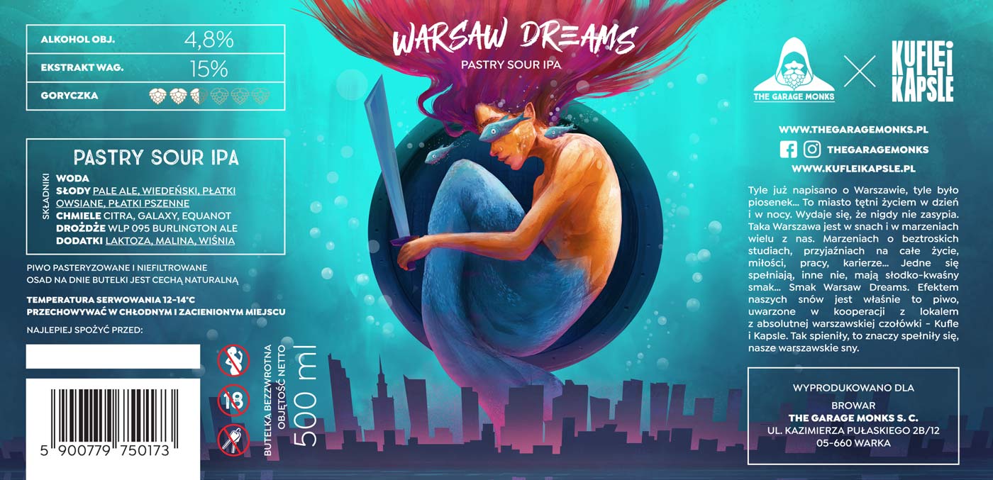 Warsaw dreams – beer label design illustration with Warsaw mermaid for The Garage Monks brewery by Jakub Cichecki