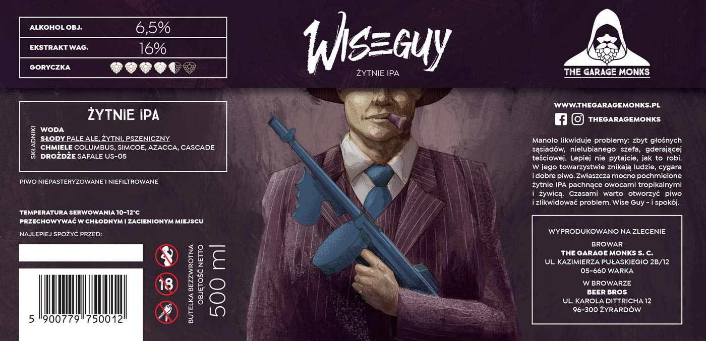 Wiseguy - beer label design illustration for The Garage Monks brewery by Jakub Cichecki
